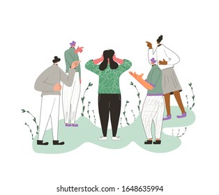 Bullying concept. Concussed person surrounded people blaming her. Scared person putting his hands over his ears and other characters yelling and pointing finger. Vector flat color illustration.