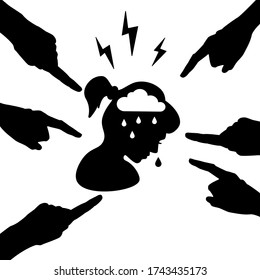 Bullying concept with a depressed girl surrounded by hands pointing to her.Black silhouette.Cloud with rain.She is experiencing stress,tears,abuse.Human character vector isolated on white background