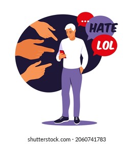 Bullying concept. Opinion and the pressure of society. Shame. Hands of people point to the girl. Non-confident man. Vector. Flat