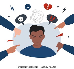 Bullying concept. Opinion and the pressure of society. Flat vector illustration of hate, violence, stress. Teen boy or man with a broken heart.