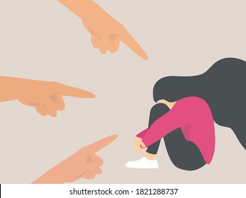 Bullying concept, Pointing finger 
leads to Sad female hugging their knees, Aggression