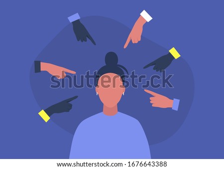 Bullying concept, victim blaming, young female character surrounded by pointing fingers Stock photo © 