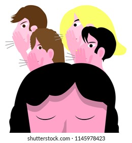 Bullying conceptual vector illustration with sad girl, female teenager molested by a group of teens isolated on white