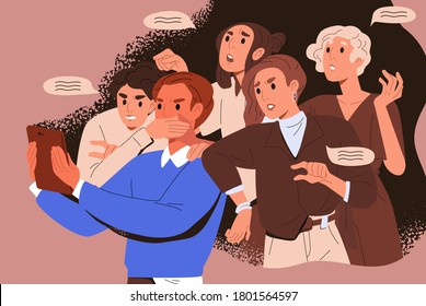 Bullying Crowd Of People Who Meddle, Disturb And Give Unasked, Unbidden Advice. Woman Shoves Man With Tablet. Concept Of Public Meddlesome Comment In Media Networks. Flat Vector Cartoon Illustration