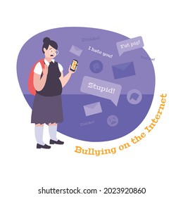 Bullying flat composition with character of distracted girl holding smartphone with offensive messages vector illustration