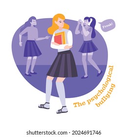 Bullying flat composition with teenage character of unhappy schoolgirl with girls spreading offensive gossips vector illustration