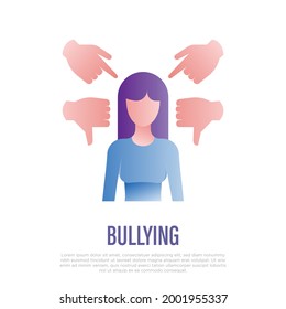 Bullying: The Girl Is Pointed By Fingers And By Thumbs Down. Aggressive Behavior. Gradient Icon. Vector Illustration.