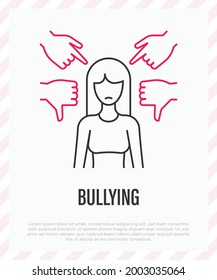 Bullying: The Girl Is Pointed By Fingers And By Thumbs Down. Aggressive Behavior. Thin Line Icon. Vector Illustration.