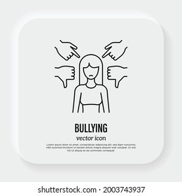 Bullying: The Girl Is Pointed By Fingers And By Thumbs Down. Aggressive Behavior. Thin Line Icon. Vector Illustration.