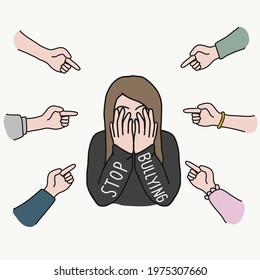 Bullying , hand point finger to crying girl vector illustration	