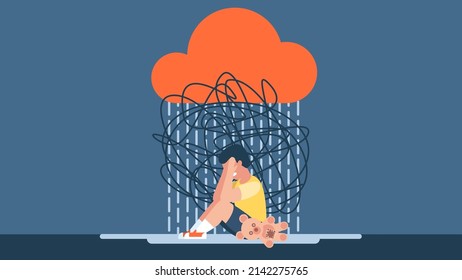 Bullying, harassment of children. The child suffers from stress, pain. The little boy is sitting on the floor and crying. Insecurity, bullying of children. Flat design. Abstract illustration. Vector