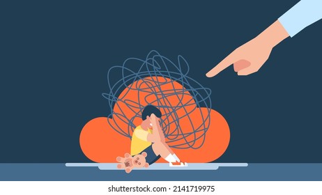 Bullying, harassment of children. The man points a finger at the guy. The little boy is sitting on the floor and crying. Insecurity, bullying of children. Flat design. Abstract illustration. Vector