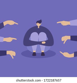 Bullying. Haters point fingers. Aggressive people. Sad man hugs his knees. Modern society. Flat vector illustration in modern style.