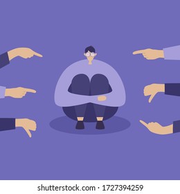 Bullying. Haters point fingers. Aggressive people. Sad man hugs his knees. Modern society. Flat vector illustration in modern style.