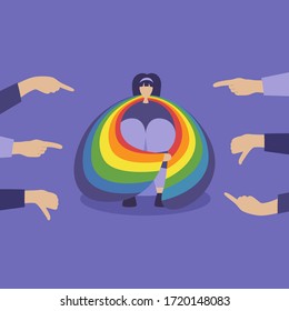 Bullying. Haters point fingers, mocking. Homophobia. Sad girl hugging her knees with the LGBT flag. Vector flat illustration