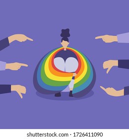 Bullying. Haters point fingers, mocking. Homophobia. Sad girl hugging her knees with the LGBT flag. Vector flat illustration in modern style.