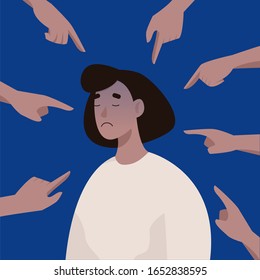 Bullying or humiliation at work. Young upset woman victim of harassment. Fingers pointing at a woman. Vector illustration in flat style.