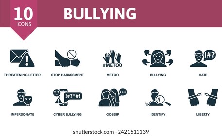 Bullying icons set. Creative icons: threatening letter, stop harassment, metoo, bullying, hate, impersonate, cyber bullying, gossip, identify, liberty.