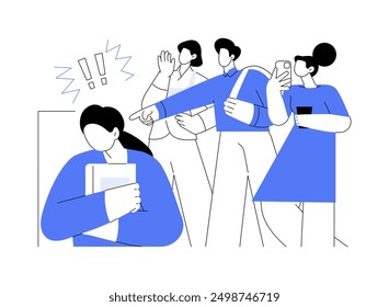 Bullying isolated cartoon vector illustrations. Group of students laughing at black classmate, sad and frustrated girl sitting alone, arms crossed, bullying at university vector cartoon.