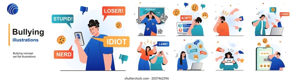 Bullying isolated set. Abuse at school, work or Internet, toxic communication. People collection of scenes in flat design. Vector illustration for blogging, website, mobile app, promotional materials.