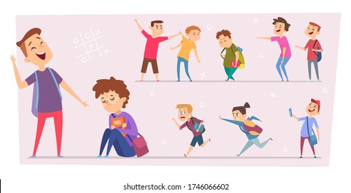 Bullying kids. Teasing stressed children conflict pupils in school little scare characters problem peoples vector set