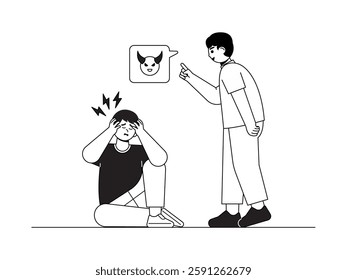 Bullying and malicious comments that cause social pressure experienced by school children, black and white outline style, vector illustration of social issues.