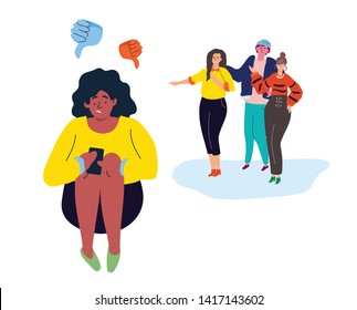 Bullying - modern colorful flat design style illustration on white background. A sad girl sitting alone with a smartphone, feeling ashamed, a group of teenagers mocking her. Problems at school