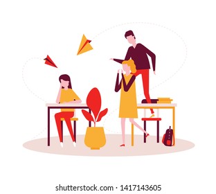 Bullying - modern colorful flat design style illustration on white background. A sad girl sitting alone at the desk, teenagers, classmates mocking her, throwing paper planes. Problems at school theme