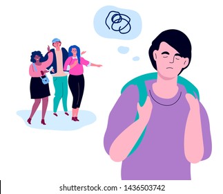 Bullying - modern colorful flat design style illustration on white background. A composition with a sad boy feeling ashamed, a group of teenagers mocking him. Psychological problems at school concept