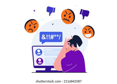 Bullying modern flat concept for web banner design. Frustrated woman reads angry and aggressive comments of haters in social networks. Cyberbullying. Vector illustration with isolated people scene