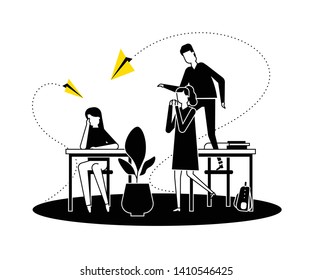 Bullying - modern vector flat design style illustration. Black, white and yellow composition with a sad girl sitting alone at the desk, teenagers, classmates mocking her, throwing paper planes