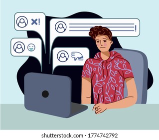 Bullying on the net. The guy is sitting at the computer and getting bad comments. Vector cartoon flat illustration