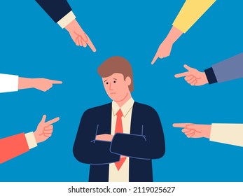 Bullying on work. Corporate blame, office hostility and fear. Tired depressed person, employee male victim of bullies. Hands indicate man recent vector concept