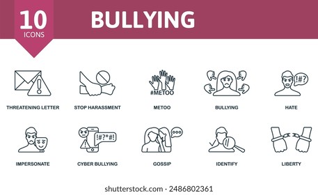 Bullying outline icons set. Creative icons: threatening letter, stop harassment, metoo, bullying, hate, impersonate, cyber bullying, gossip, identify, liberty.