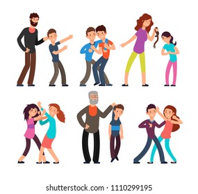 Bullying people. Students, kids fighting with angry parents and each other. Vector characters set. Conflict child fight, mother or father violence teenager illustration