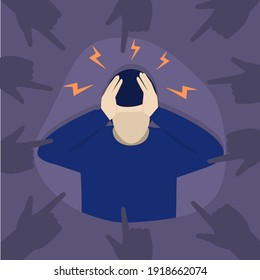 Bullying of a person. The condemnation and disapproval of society. An oppressed person. Vector image of a young man clutching his head. A depressive person. Flat image.