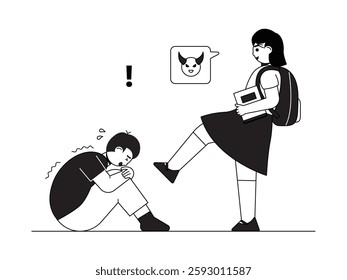 Bullying, physical violence and racism committed by students at an early age, outline style, black and white, social issues vector illustration.