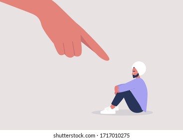 Bullying, Pointing finger, Hate, Sad indian male character hugging their knees, Aggression