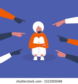 Bullying. Pointing fingers. Haters. Crowd. Sad character hugging his knees. Aggression. Modern society. Flat editable vector illustration, clip art