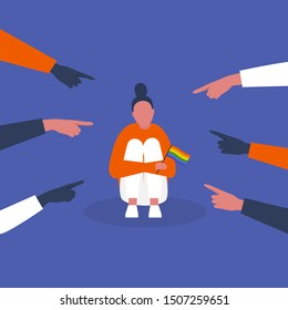 Bullying. Pointing fingers. Haters. Homophobia. LGBTQ rights. Crowd. Sad female character hugging her knees. Aggression. Modern society. Flat editable vector illustration, clip art