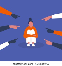 Bullying. Pointing fingers. Haters. Sexism. Crowd. Sad character hugging his knees. Aggression. Modern society. Flat editable vector illustration, clip art