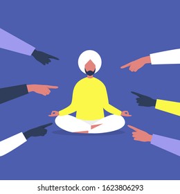 Bullying, Pointing fingers, Young indian male character ignoring haters, Modern society problems