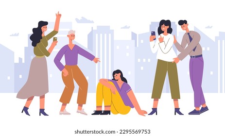 Bullying problem concept. Cartoon scared and lonely female character surrounded by group of aggressive bullies. Man and woman pointing with fingers and taking photos on smartphone vector