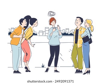 Bullying problem concept. Girl suffers from insults from classmates and fellow students. Negative feelings and emotions. Frustration and depression, loneliness. Linear vector illustration