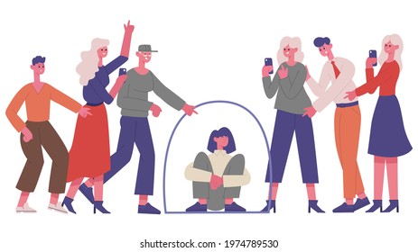 Bullying problem. Discrimination, negative communication or aggressive society, bullying negative people group vector illustration. Teenage bullying. Harassment and abuse problem, negative stress
