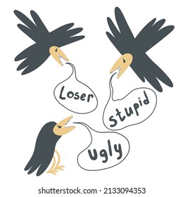 Bullying, public humiliation, insult. Speech bubble curse words. Vulture and raven. Bullying at school and in the community. Vector concept illustration isolated on white background.