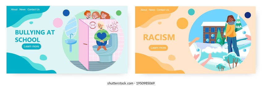 Bullying And Racism Landing Page Design, Website Banner Vector Template Set. School Bullying And Racial Discrimination.