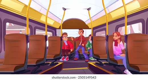 Bullying scene in school bus. Vector cartoon illustration of conflict between teen boys in public transport, scared girl looking at angry kids fighting, children having problems with communication