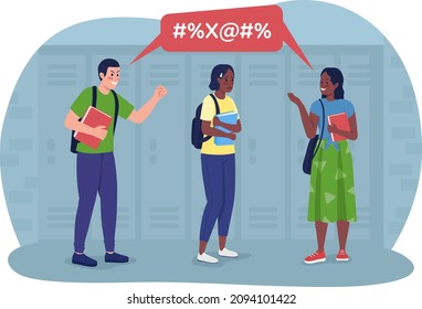 Bullying at school 2D vector isolated illustration. Teenagers cruel laughing at classmate flat characters on cartoon background. Humiliated teen. Low self-esteem development colourful scene