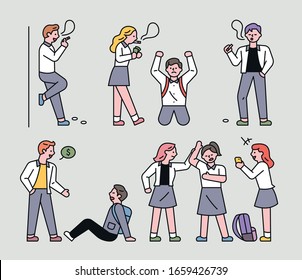 Bullying In School. Bad Students Are Bothering Schoolmates. Flat Design Style Minimal Vector Illustration.